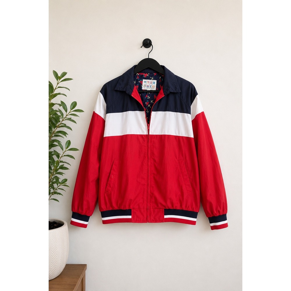 Vintage Key Landing Nautical Colorblock Windbreaker Jacket Red White Navy Blue